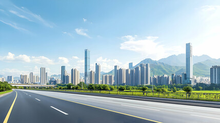 Fototapeta premium Panoramic View Of A Modern City Along A Highway Under A Bright Blue Sky