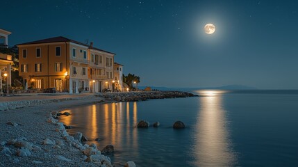 Fototapeta premium Moonlit Coastal View With Historic Buildings Along the Shoreline by a Peaceful Sea