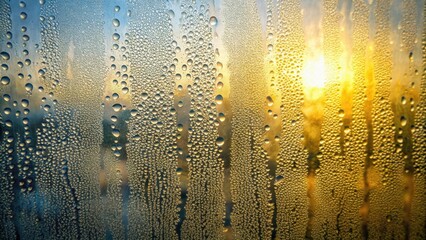 Golden Hour Condensation A Close-Up View of Water Droplets on Glass with a Backlit Sunrise Effect