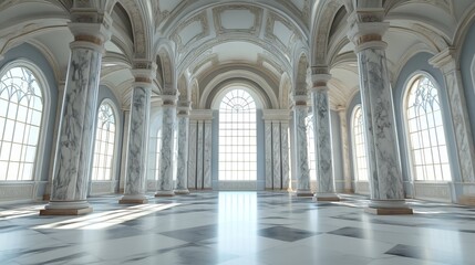Fototapeta premium A desolate museum hall adorned with lofty marble columns and impressive arches