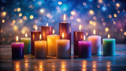 Aromatic candles flicker, casting a warm glow against a bokeh backdrop, creating a tranquil and inviting atmosphere