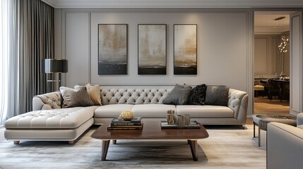An elegant living room with a stylish sectional sofa, a chic coffee table, and tasteful artwork on the walls, showcasing a sophisticated design that reflects personal style.