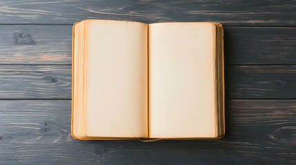 Open Antique Book With Blank Pages Lying On Dark Blue Wooden Surface