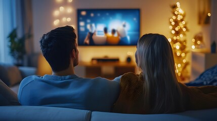 A young couple watching a TV commercial in a cozy living room