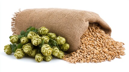 Against a spotless white backdrop, a burlap sack overflowing with freshly picked hops and wheat emphasizes the crucial elements in crafting beer and artisanal foods