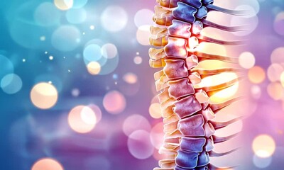 Human spine illustration on abstract bokeh background, showcasing anatomy and health awareness