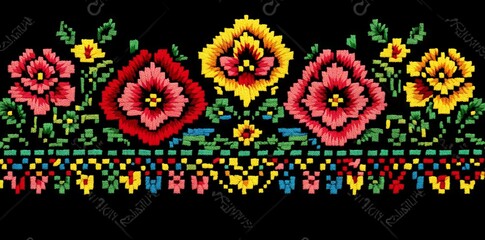 A dynamic traditional Filipino textile design with geometric patterns, floral elements, and elaborate details in striking colors, suitable for cultural or celebratory themes