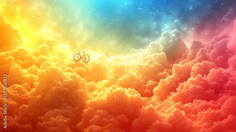Poster dreamy celestial scape of fluffy clouds illuminated by vibrant colors creating a surreal ethereal at