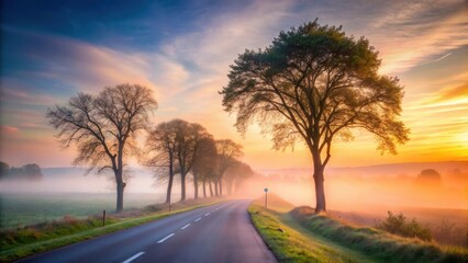 Obraz premium Serene Sunrise Roadway Misty Morning, Trees Lining Asphalt Path to Golden Horizon
