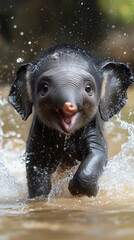 Obraz premium Baby Elephant Splashes Joyfully in Water While Playing During a Sunny Afternoon at a Riverbank