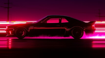 Fototapeta premium Retro futuristic car speeding through neon city lights dynamic motion blur evoking a vibrant and nostalgic eighties aesthetic journey