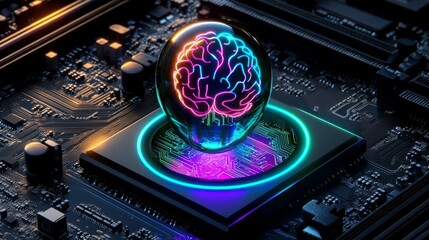 Fototapeta premium AI Concept: Digital Brain and Data Center in Macro Photography