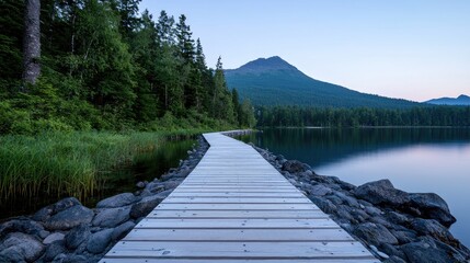Fototapeta premium Wooden boardwalk path winds along a calm lake shore towards a distant mountain at twilight.