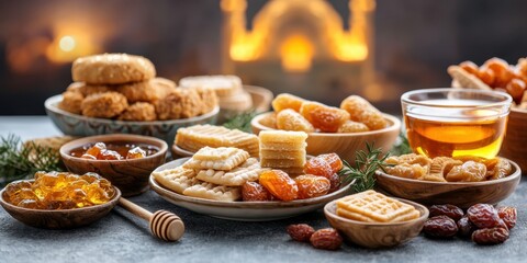 A variety of traditional sweets and snacks beautifully arranged with drinks and garnishes. Ramadan concept.