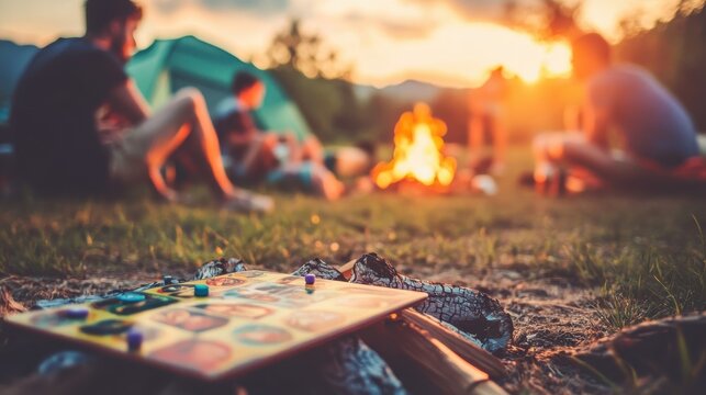Family Fun with Board Games around a Campfire