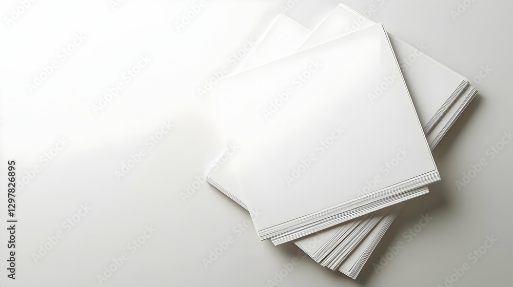 Poster white stacked square papers arranged on white surface with soft shadow and empty space