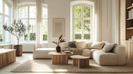 A cozy Nordic living room with a warm, neutral color palette, natural wood furniture, and a minimalist design, accented by a wool throw and large windows.