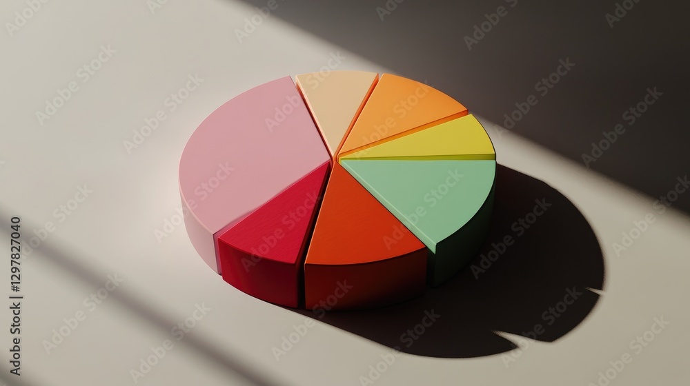 Poster a detailed shot of a d pie chart with labeled segments and a shadow effect, creating a visually appe