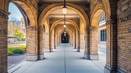 Obraz premium A detailed shot of a historic train station with classic architectural elements, such as arches and brickwork, representing a blend of past and present.