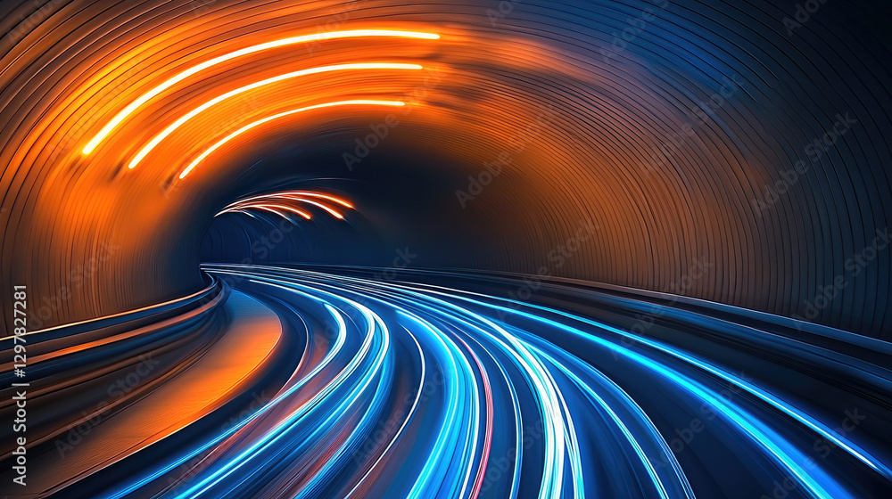 Poster vibrant tunnel with dynamic light trails creates sense of speed and motion. contrasting colors of or