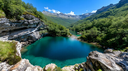Turquoise alpine lake nestled in mountain valley
