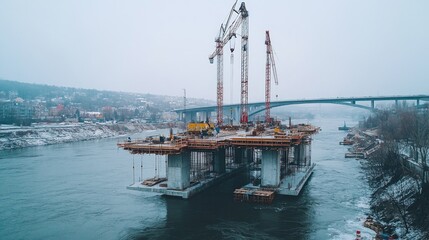 A dramatic shot of a bridge under construction over a river, with cranes and workers visible, showcasing the development and progress of infrastructure projects.