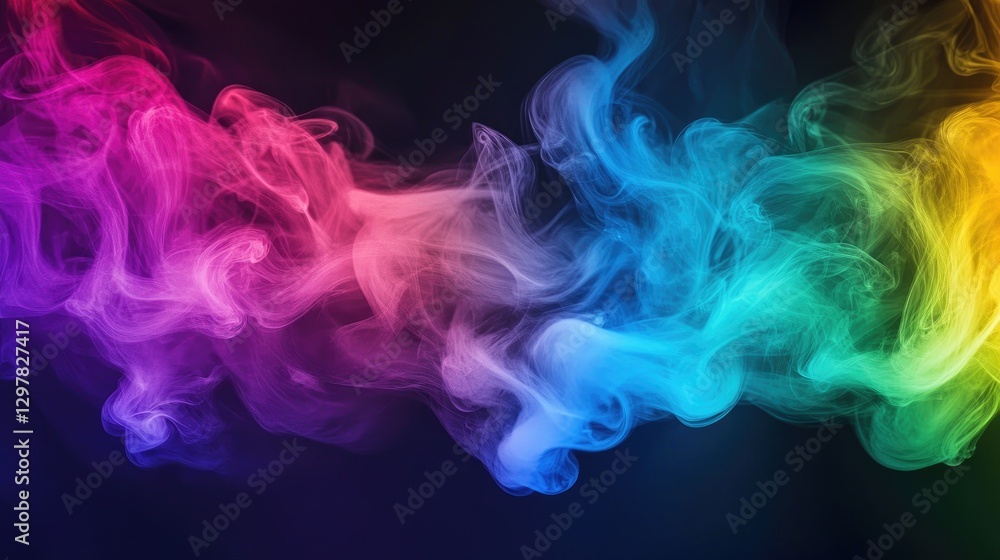 Poster a dynamic image of rainbow-colored smoke plumes emerging from a single source, with each color blend