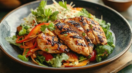 Fototapeta premium A high-resolution image of a plate with grilled chicken and a side of Som Tum, with the chicken's golden-brown crust and the salad's vibrant colors clearly visible.