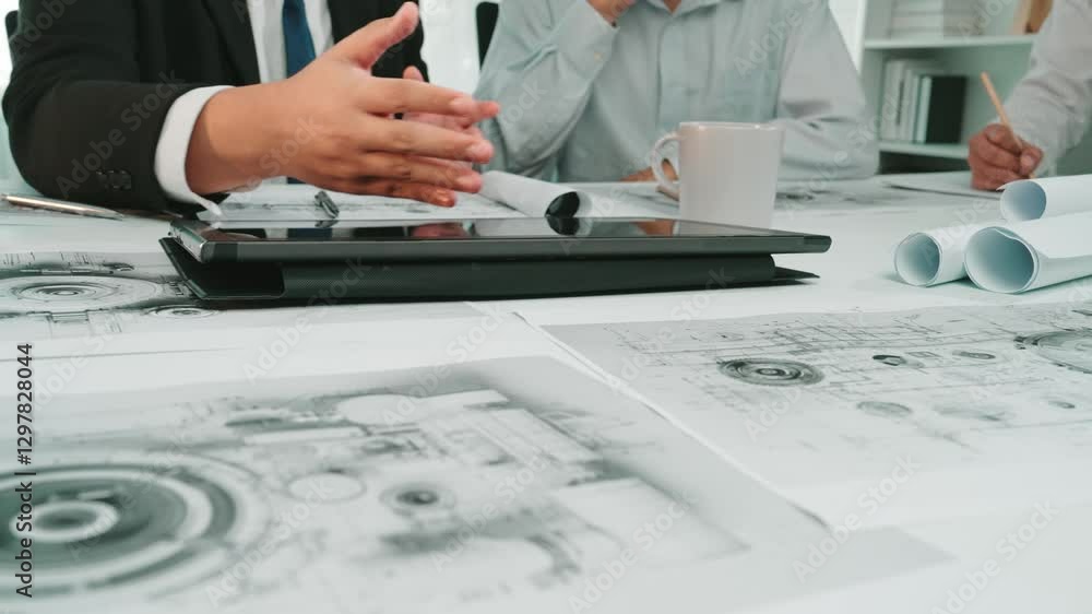 Poster a group of business professionals engage in a dynamic discussion in a modern office setting, utilizi