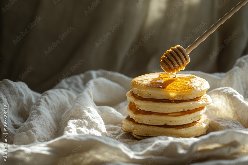 Poster Stack of fluffy pancakes topped with honey drizzling from a wooden stick in soft morning light. Generative AI