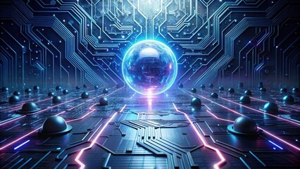 Futuristic Circuit Board with Glowing Orb and Spheres A Digital Representation of Advanced Technology