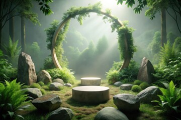 Serene Forest Display Mystical Stone Arrangement with Circular Plant-Covered Archway and Elevated Platforms