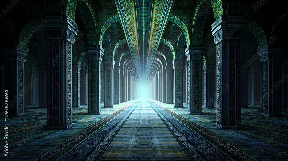 Poster mysterious illuminated tunnel with geometric structure and columned hallway
