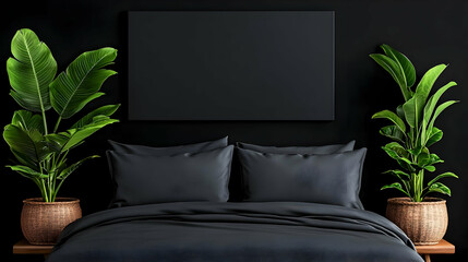Dark bedroom mockup, plants, canvas, minimalist interior design, website banner