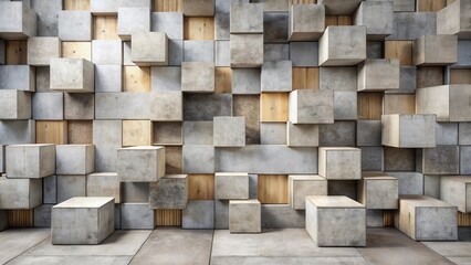 Abstract Composition of Textured Cubes and Wood Accents Forming a Modern Architectural Wall