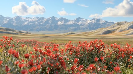 Red Wildflower Meadow with Snow-Capped Mountain Range