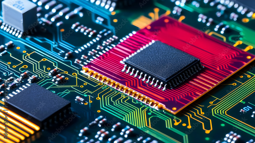 Poster close up of a modern printed circuit board with complex electronic components in green and red