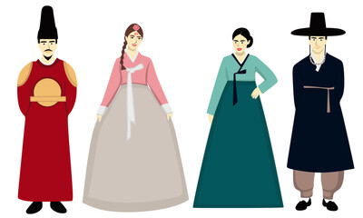 Korean king and korean people vector illustration. Korean traditional clothing. 