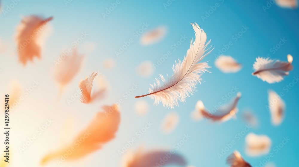 Poster a soft breeze blowing through a cluster of feathers, causing them to float lightly in the air agains