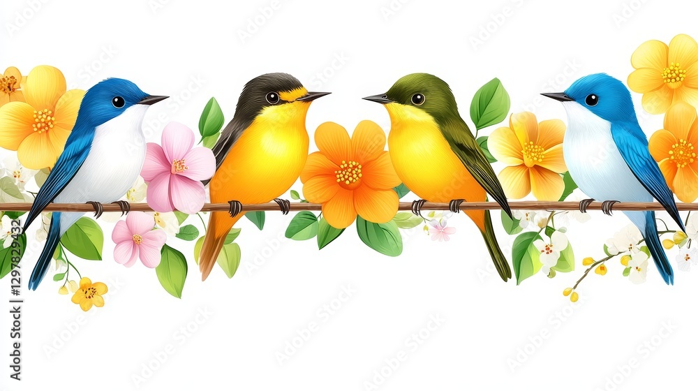 Aufkleber charming springtime perch a whimsical bird and bloom display creating an enchanting feathered friend