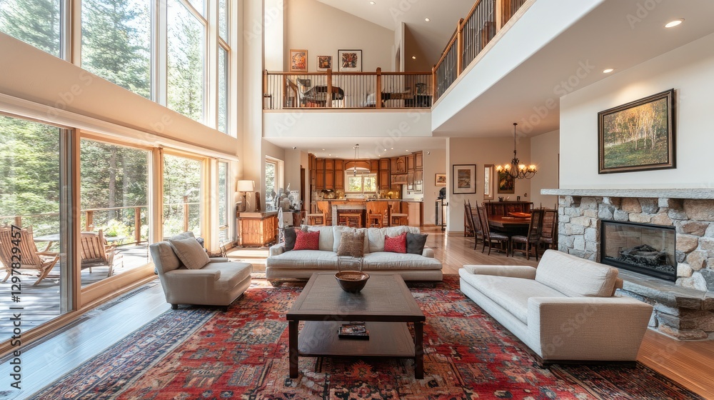 Poster a spacious living room with an open floor plan, seamlessly connecting to the dining area, showcasing