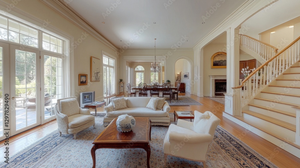 Poster a spacious living room with an open floor plan, seamlessly connecting to the dining area, showcasing