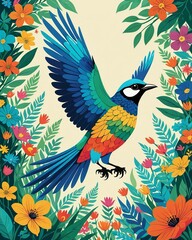 Obraz premium An enchanting scene featuring a brilliantly hued bird and a diverse array of blooming flowers.