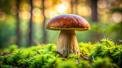 A single, mature mushroom emerges from a bed of vibrant green moss, bathed in the soft, golden light of a forest sunset.