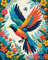Obraz premium A captivating illustration of a vibrant bird and flourishing garden, bursting with color and life.