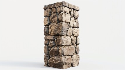 A small, detailed stone tower with weathered stones and a rustic finish, placed on a white background, showcasing its texture and architectural details in high definition.