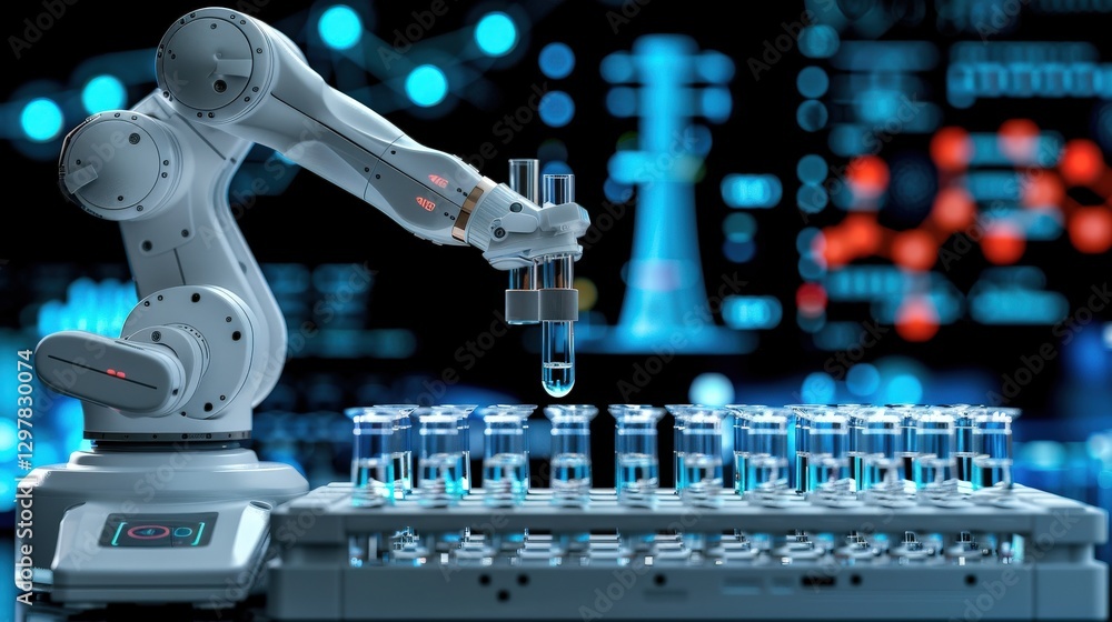 Poster robotic arm precisely dispensing liquid into test tubes in a modern laboratory setting, showcasing a