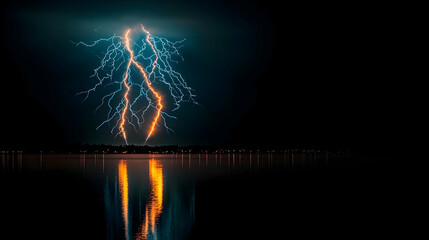 Vibrant Lightning Strike Over Water At Night Reflecting Bright Colors Across Dark Sky