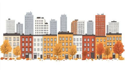 Autumnal cityscape vector illustration featuring colorful buildings and fall foliage a perfect backdrop for urban seasonal designs