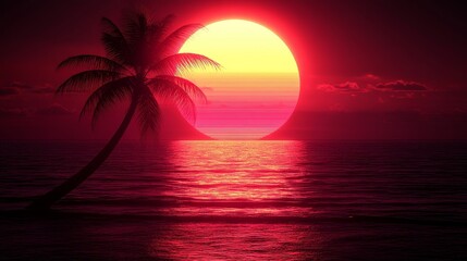 Retro wave synthwave sunset palm tree silhouette over ocean glowing horizon vacation neon red vibrant scenic wallpaper aesthetic